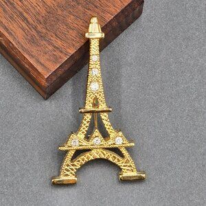 Eiffel Tower Gold Tone Rhinestone Brooch Pin 2.5" Parisian Landmark Modernist